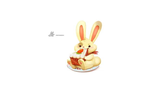 White background, eats, piece of cake, white rabbit, on the plate, cryptidcreations