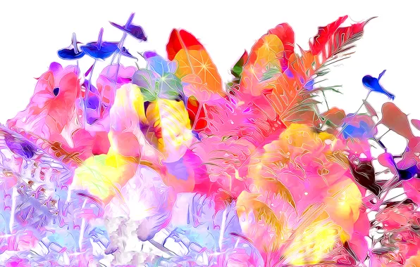 Grass, flowers, rendering, petals, garden, flowerbed