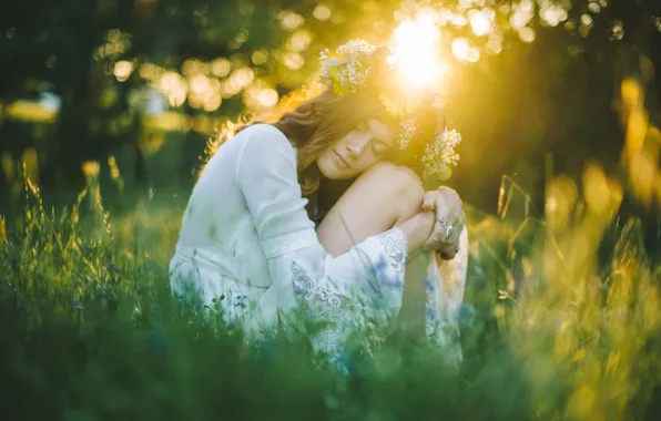 Girl, the sun, pose, wreath