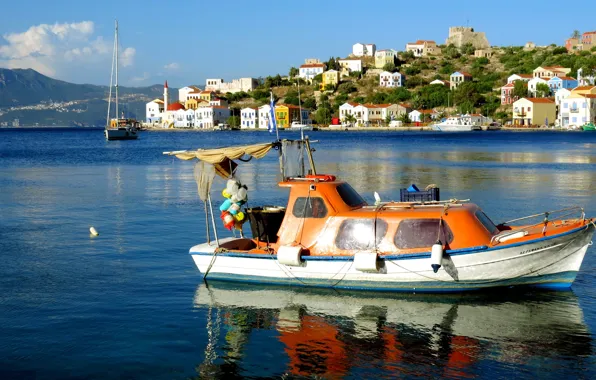 Picture sea, landscape, mountains, nature, island, home, boats, Greece