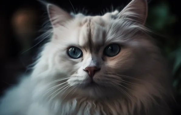 Cat, white, cat, look, portrait, fluffy, art, blue eyes