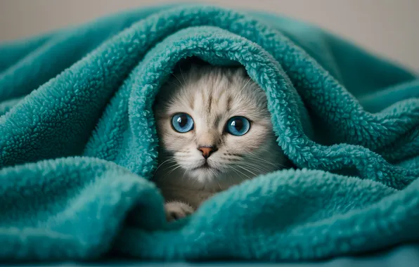 Cat, look, pose, comfort, kitty, lies, plaid, blue eyes