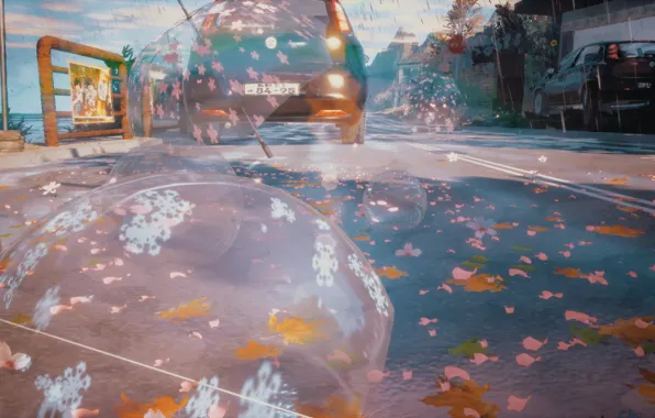 Auto, autumn, bubbles, rain, umbrella, promenade