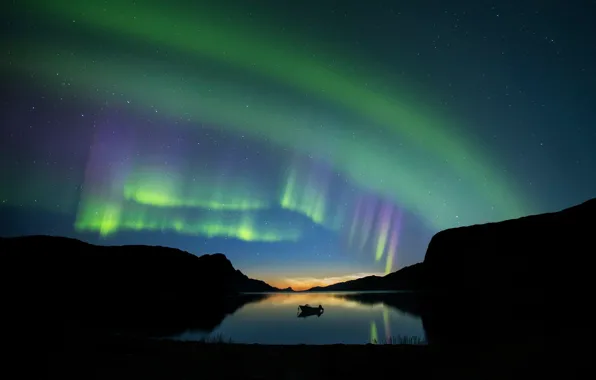 Picture the sky, mountains, night, lake, boat, Northern lights