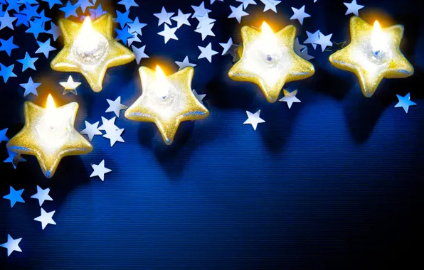 Holiday, new year, stars, candles, the scenery, blue background, happy new year, christmas decoration