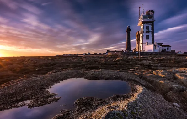 Sea, clouds, light, sunset, stones, coast, France, lighthouse