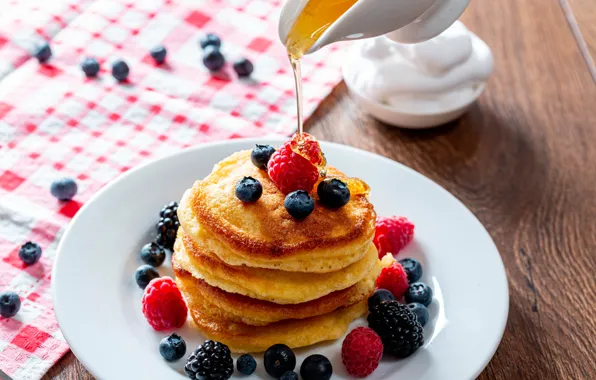 Berries, raspberry, table, blueberries, plate, honey, dessert, cakes