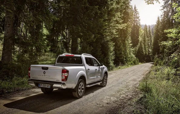 Road, forest, back, Renault, pickup, 4x4, 2017, Alaskan