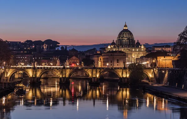 Lights, river, Rome, Italy, St. Peter's Cathedral, The Tiber, Ponte Sant'angelo