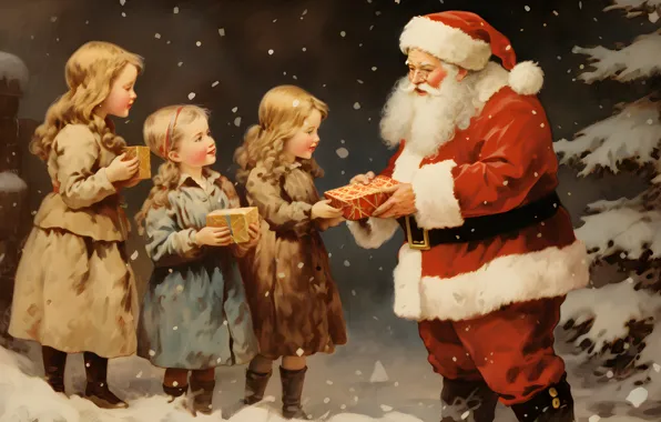Winter, children, girls, Christmas, gifts, New year, Santa Claus, Santa Claus