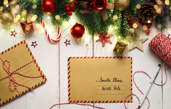 Letter, balls, branches, lights, glare, holiday, Board, Christmas