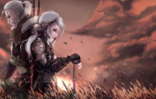 Clouds, Girl, Field, Two, Wheat, Male, Geralt, Geralt of Rivia