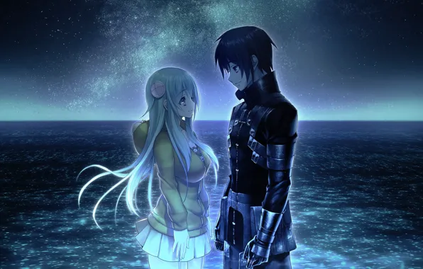 Picture water, girl, night, romance, anime, art, pair, guy