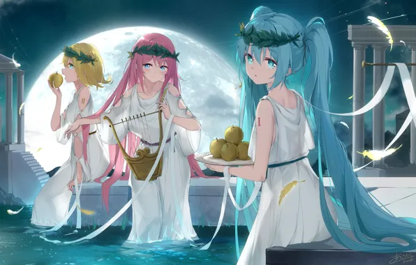 Water, night, girls, the moon, apples, harp, Hatsune Miku, Kagamine Rin