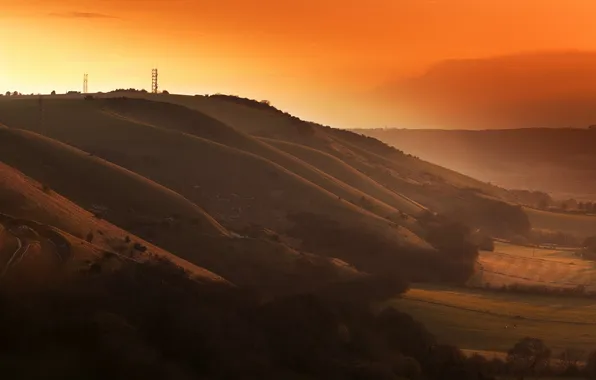 Landscape, sunset, England, Fulking