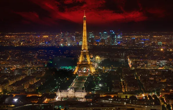 Night, the city, lights, Eiffel tower, France, panorama