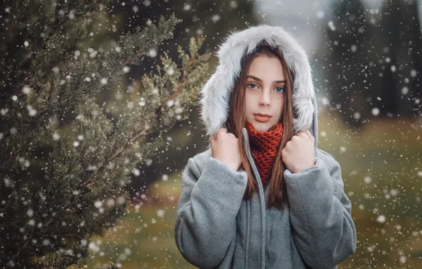 Snow, portrait, hood, girl, fur, Giorgi Solomnishvili