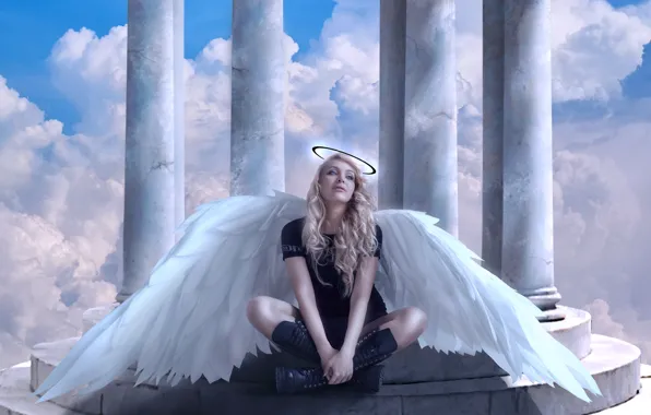 Girl, clouds, pose, rendering, heaven, wings, angel, boots