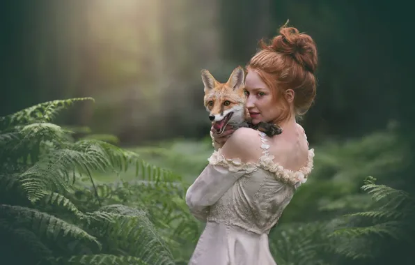 Picture girl, Fox, red, fern