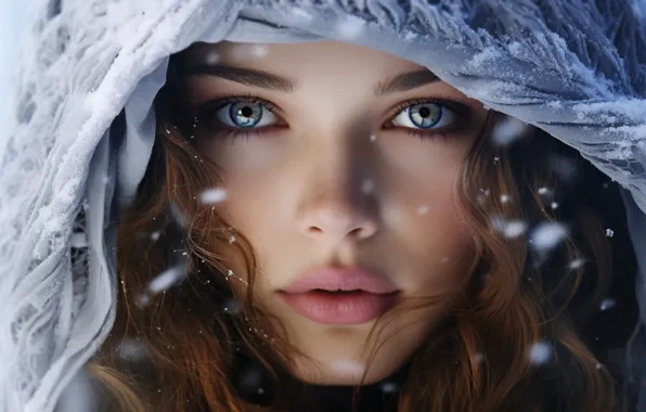 Winter, look, girl, snow, close-up, face, portrait, hood
