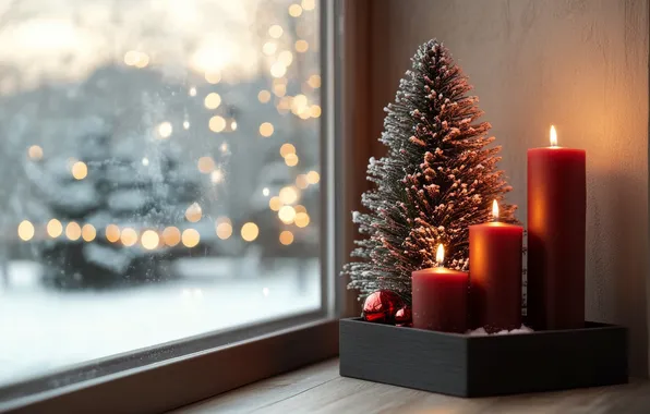 Branches, box, candles, ball, window, Christmas, New year, tree