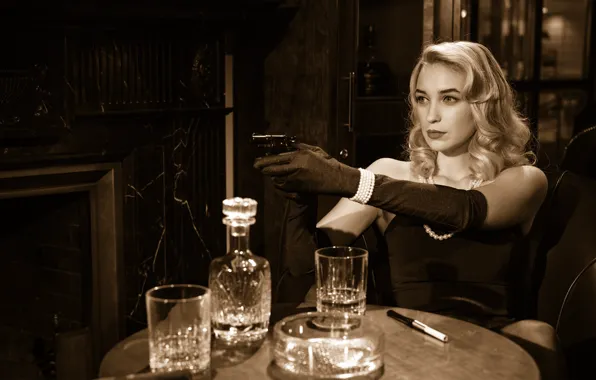 Gun, Sepia, blonde, pearl, Noir, detective, whiskey, detective