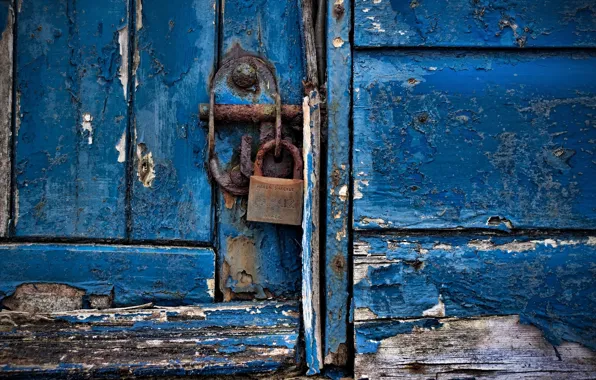 Wood, door, padlock, blue paint