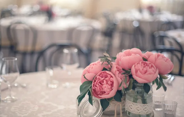 Glass, chairs, bouquet, cafe, Bank, dishes, restaurant, pink