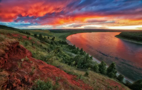 Picture landscape, sunset, nature, river, hills