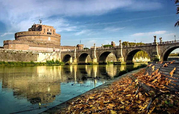 Autumn, bridge, castle, Rome, Italy
