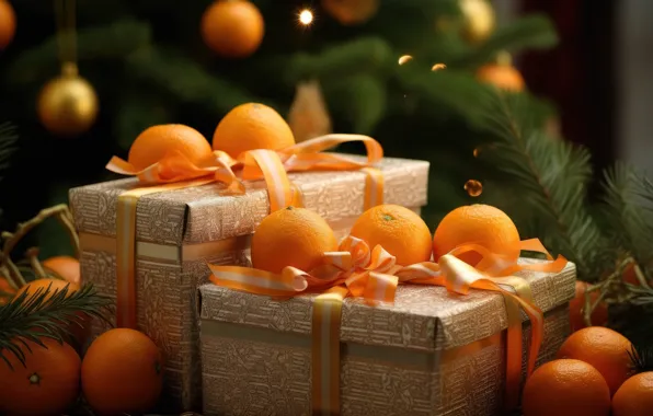 Branches, box, gift, oranges, Christmas, gifts, New year, fruit