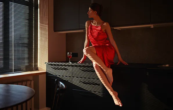 Picture girl, pose, shadows, legs, red dress, Sergey Fat, Sergey Zhirnov