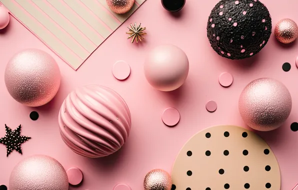 Balls, Christmas, New year, pink, pink background, black, Christmas decorations, AI art