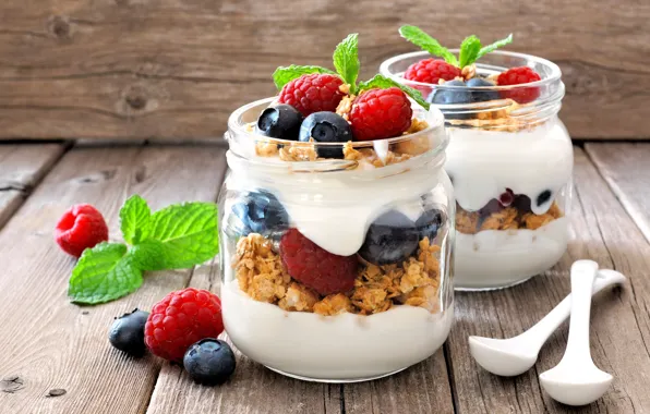 Picture berries, raspberry, blueberries, cereal, yogurt, Breakfast