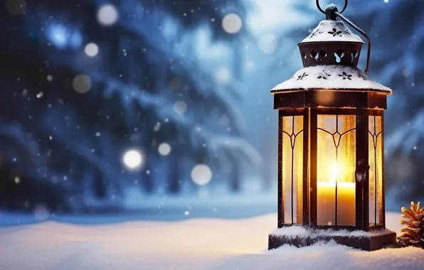 Winter, snow, night, Christmas, lantern, New year, Christmas, night