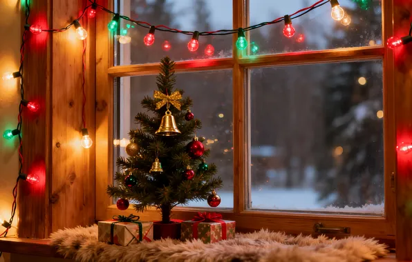 Picture winter, snow, balls, tree, window, Christmas, balls, winter