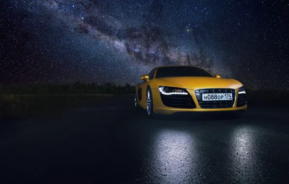 Audi, Star, Space, Night, Yellow, Road, Supercar, Reflection