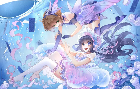 Card, water, two, stockings, dress, fairy, wings, cap