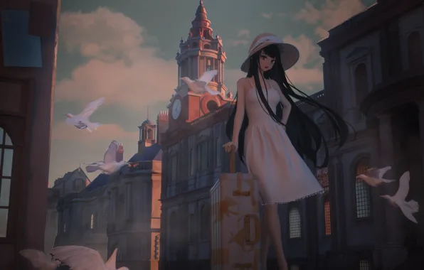 Girl, birds, the city, pigeons, suitcase