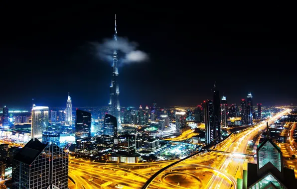 Night, the city, lights, darkness, view, building, tower, skyscrapers