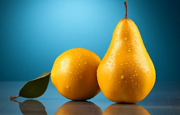Drops, yellow, pear, blue background, AI art, neural network