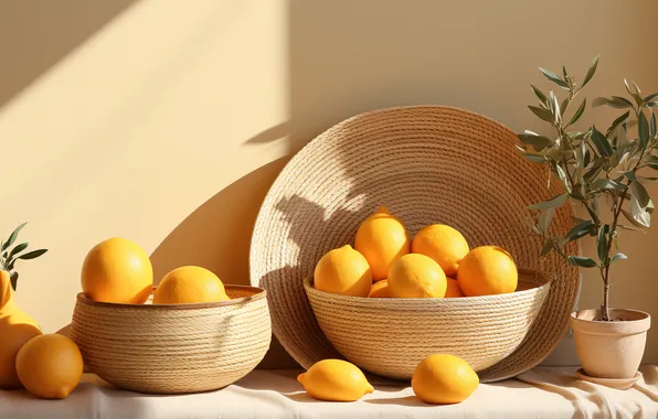 Still life, a lot, lemons, bowls, braided, plaits, AI art, neural network