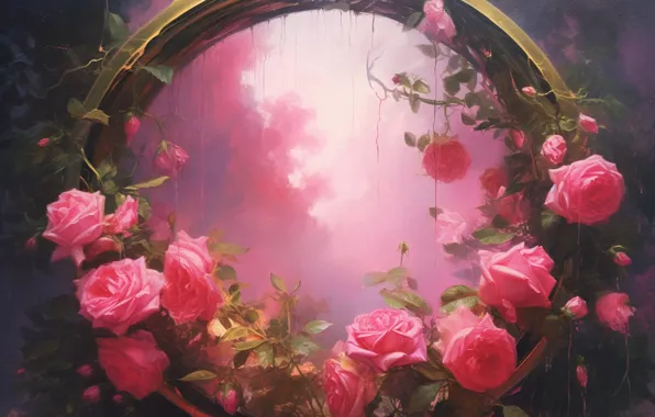 Flowers, roses, round, pink, painting, composition, imitation painting, AI art