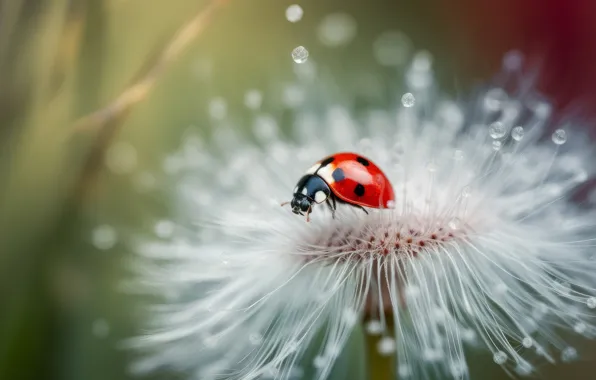 Flower, macro, nature, dandelion, ladybug, beetle, fluff, insect