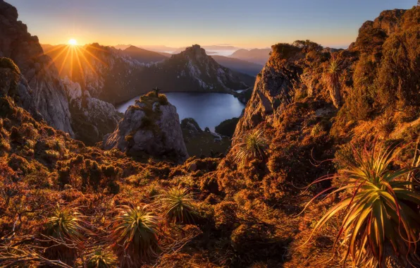Mountains, lake, dawn, morning, Australia, Australia, Tasmania, Lake Oberon