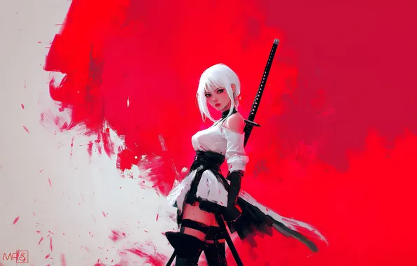 Girl, sword, fantasy, minimalism, blue eyes, katana, brunette, samurai