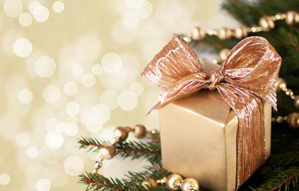 Box, gift, tree, branch, New Year, Christmas, garland, bow