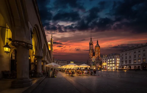 Picture the city, building, home, the evening, lighting, area, Poland, umbrellas