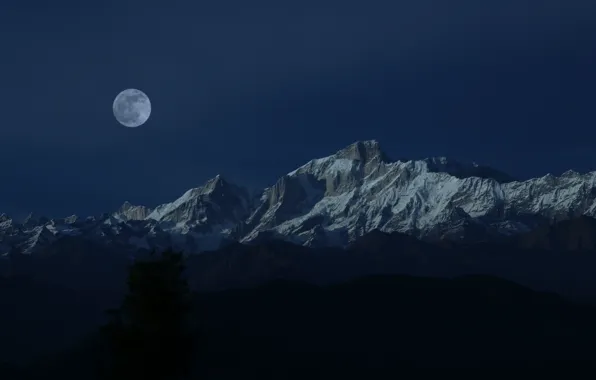 The sky, snow, mountains, night, nature, rocks, the moon, the full moon