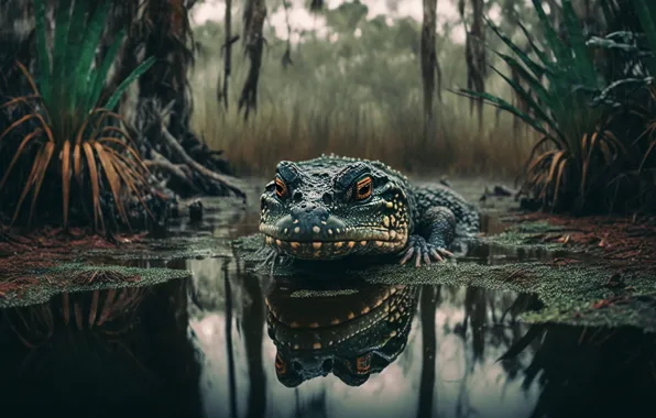 Face, reflection, rendering, shore, vegetation, graphics, crocodile, art